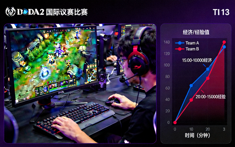 DOTA2国际邀请赛TI13比赛画面与战队经济经验曲线图